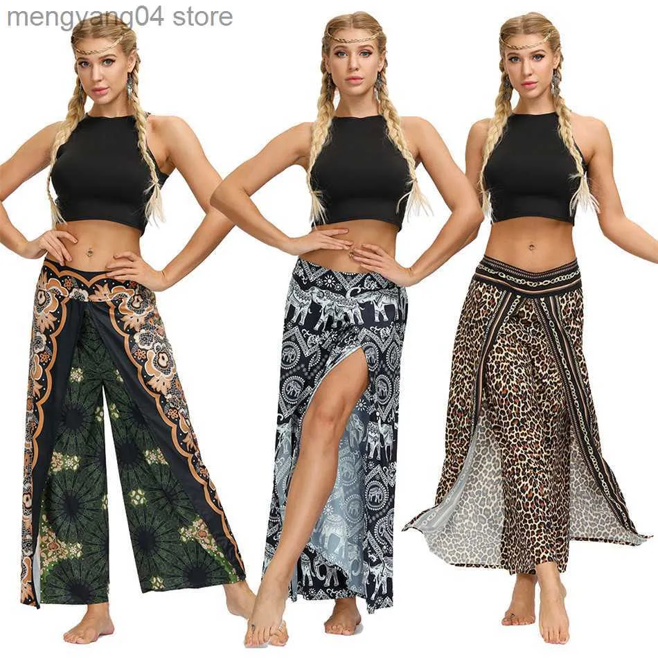 Women's Pants Capris Flower Feather Butterfly Elephant Leopard Print Ladies Bohemian Wide Split Leg Pants Women Thai Indonesian Summer Loose Trousers T230531