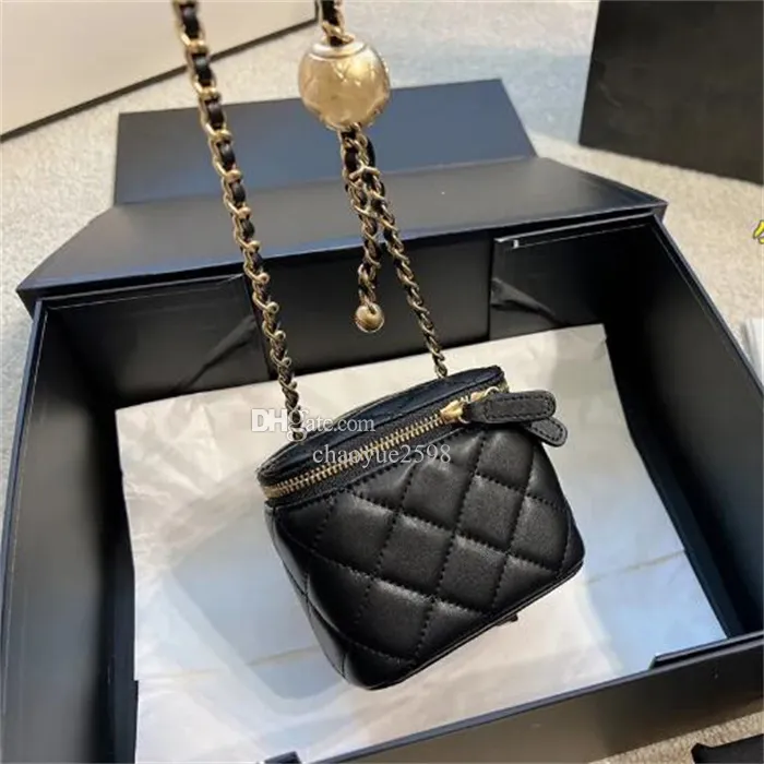 Clássico mini penteadeira com corrente caixa baú bolsas de couro caviar com bola de ouro esmagamento crossbody ombro bolsas de grife minúsculo estojo cosmético para mulheres