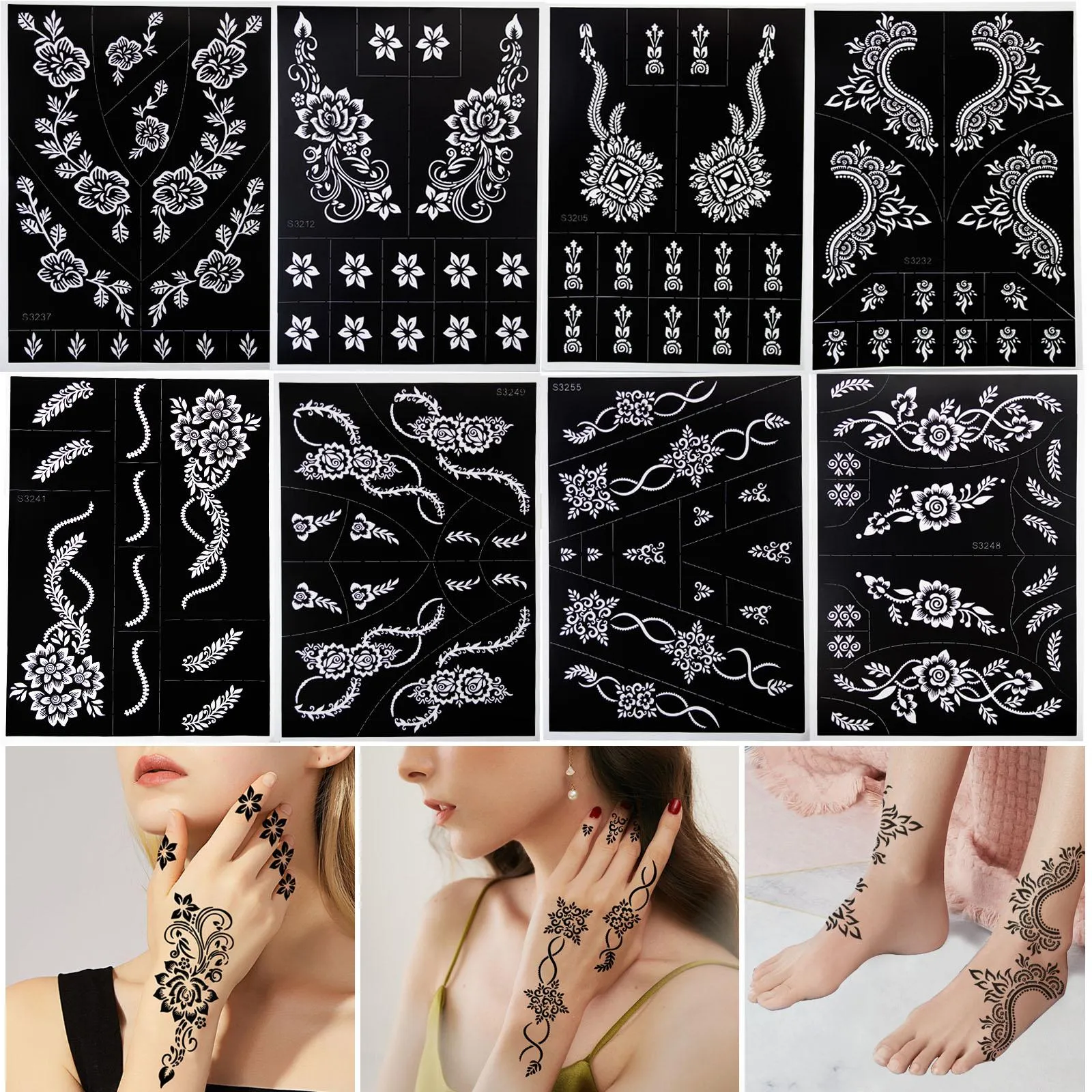 Estênceis de tatuagem de henna, 8 folhas, conjunto de estênceis para pintura de arte corporal manual, adesivo de tatuagem temporário 24*17 cm