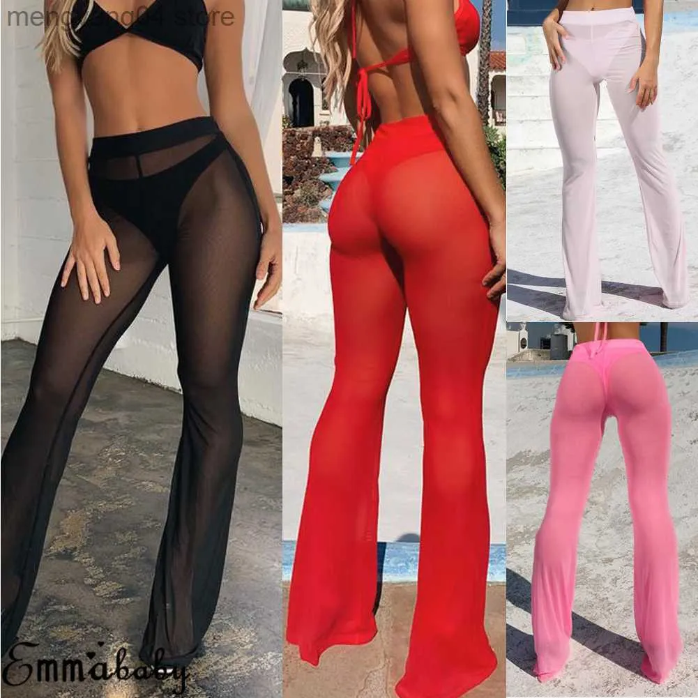 Damesbroek capris vrouwen sexy strand pure mesh zie door transparante hoge elastische taille bikini bedek zwemkleding belembodem flare broek broek t230531