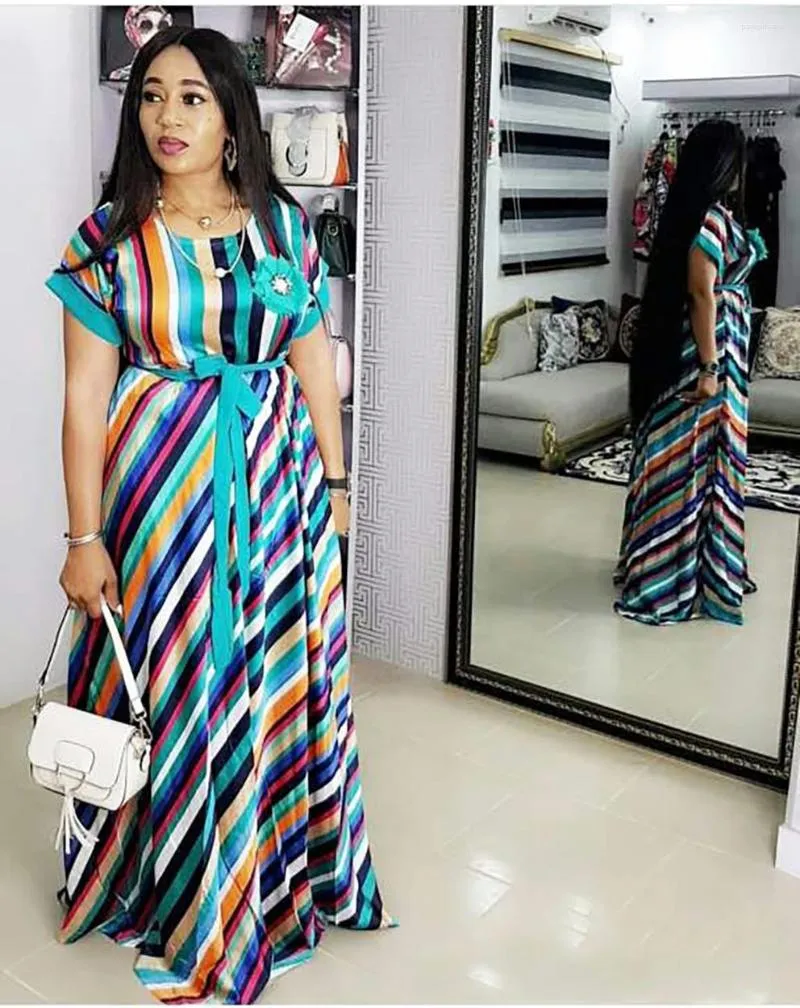Etnik Giyim Süper Büyük Boyutu Klasik Afrikalı Kadınlar Dashiki Moda Streç Basılı Stripe Uzun Elbise L XL 826