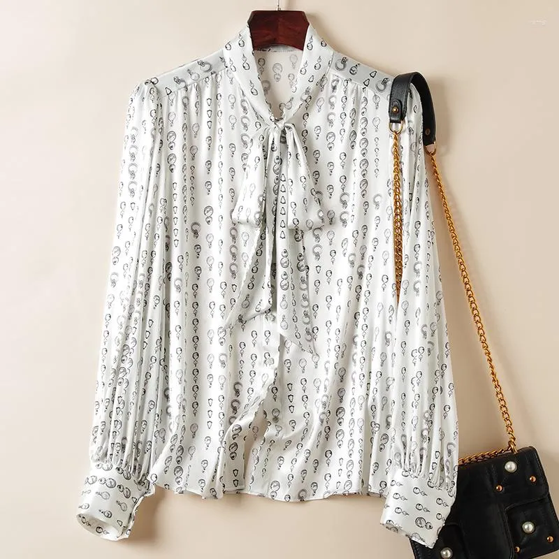 Blusas de mujer moda elegante camisas blancas y negras para mujer camisa holgada de manga larga con lazo para mujer blusa estampada de oficina