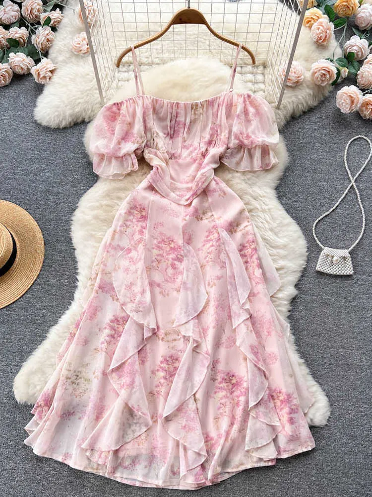 Abiti casual Princess Pink Shoulder Strap Long Women's Vacation Fashion Vita alta Flower Print Ruffled Beach Party Dress P230530