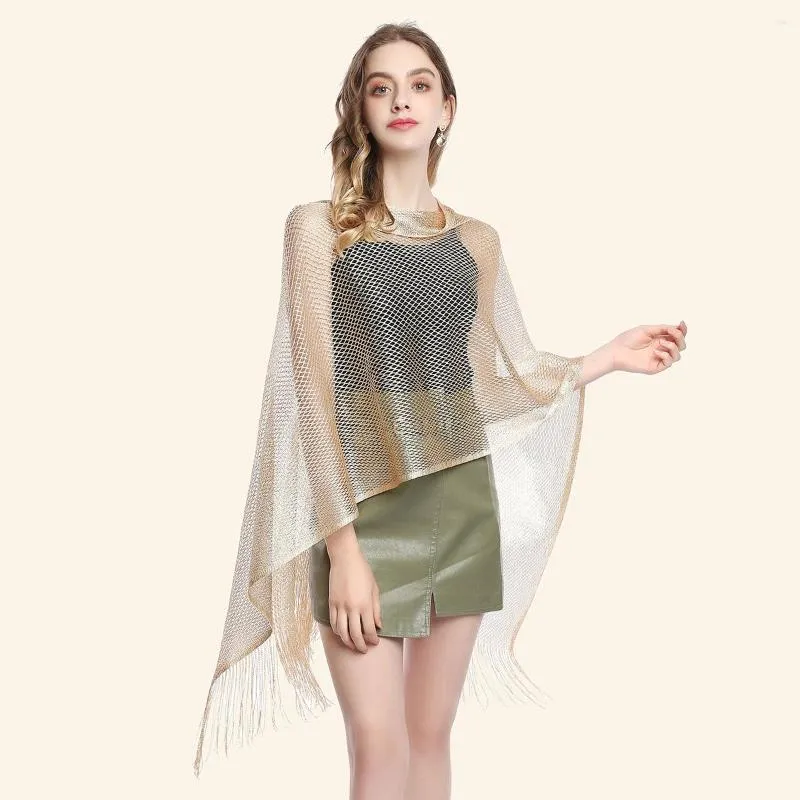 Halsdukar Net Tassels Elegant Ladies Party Shawls Hollow Out Glitter Scarf Shimmy Woman Wedding Stoles Gold Women's Medina Tippet