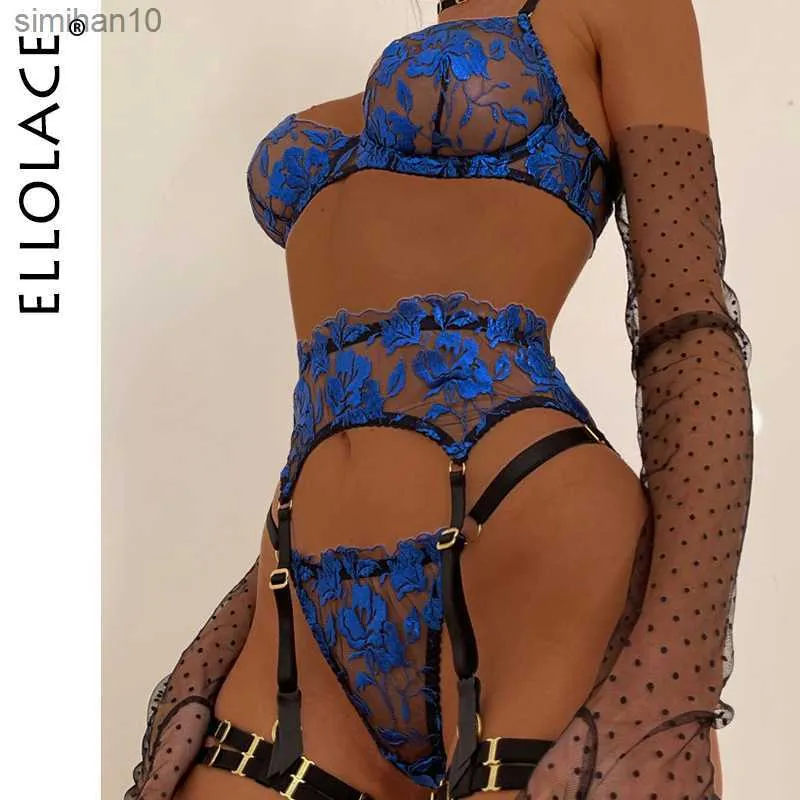 Cuecas Ellolace Cobalt Fancy Lingerie SexyPorn Roupa Interior Feminina Bordado Floral Sutiã Íntimo Transparente Renda Sensual Conjuntos Exóticos L230518