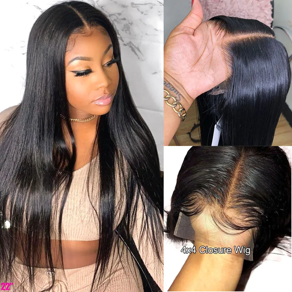 Pretty Girl Long Straight 4x4 Lace Closure Wig Bone Straight Indian Human Hair Wigs For Black Women Transparent Lace Wig