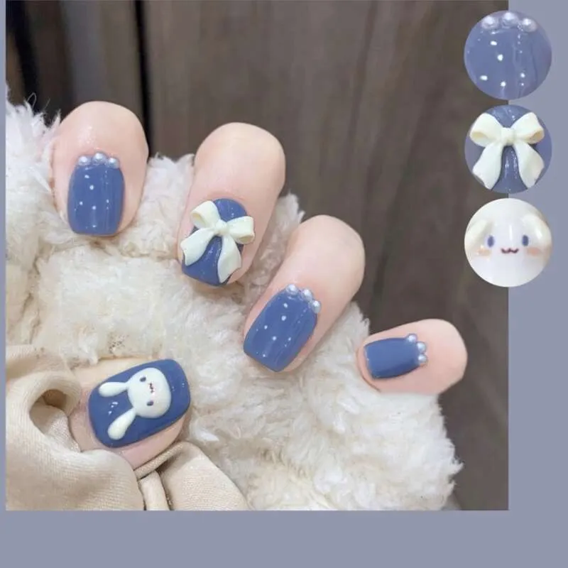 False Nails 24pcsbox Bowknot Rabbit Pattern Pearl Short Square Designer Fashion Design French Style Full Covering Pressed Fake 230530