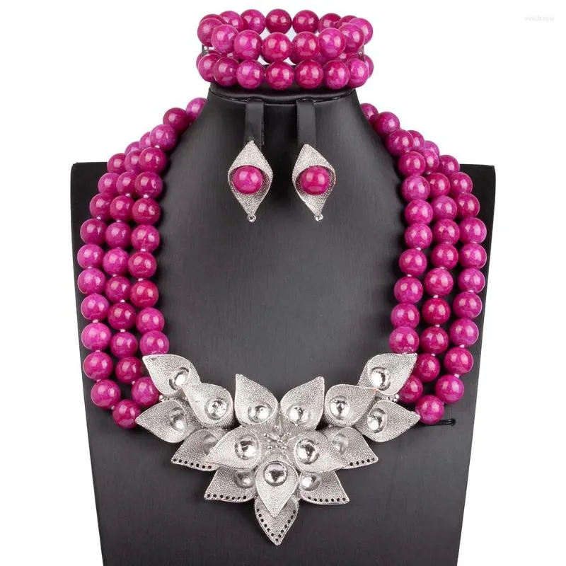 Halsbandörhängen Set 3 lager Dark Pink Stone Pärlor Chunky African Jewelry for Women Wedding Present WD991