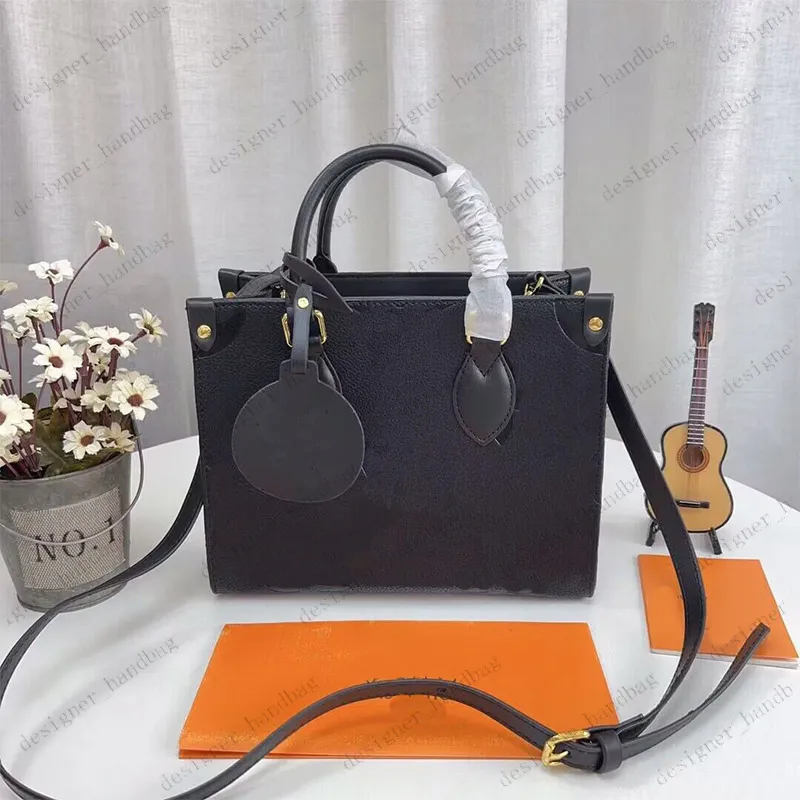 Designer-Damentasche, geprägt, schwarze Blume, ONTHEGO PM Taschen, Lederhandtasche, Umhängetasche, Umhängetasche, Einkaufstasche, 3 Größen