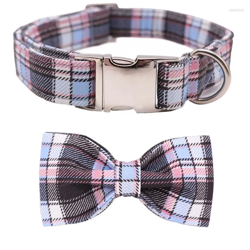 Dog Collars Unique Style Paws Collar Blue And Pink Plaid Cotton Fabric Bow