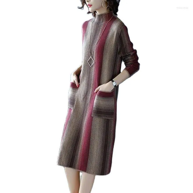 Robes décontractées mode femmes pull robe Vestidos 2023 printemps automne longue tricoté col roulé élégant rayure Base femme