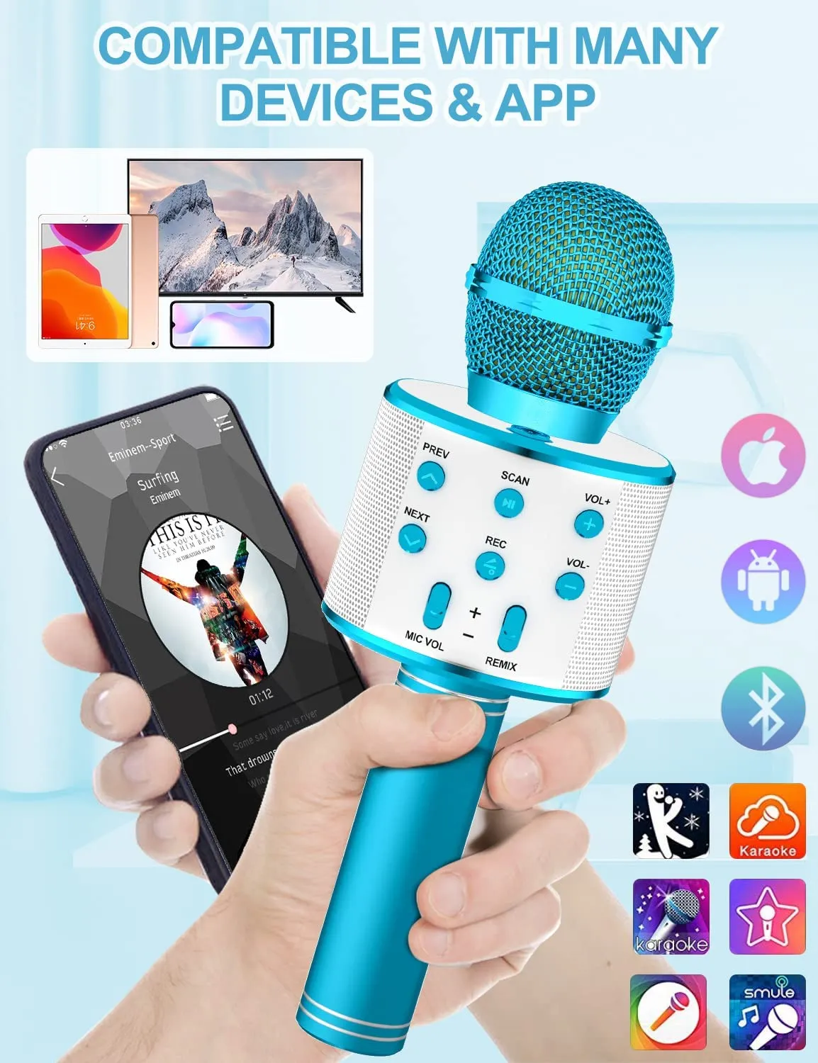 Karaoke Bluetooth Microphone with Speaker Magic Voices, Record Function,  Handheld Wireless Microphone for Kids Party KTV Gifts 