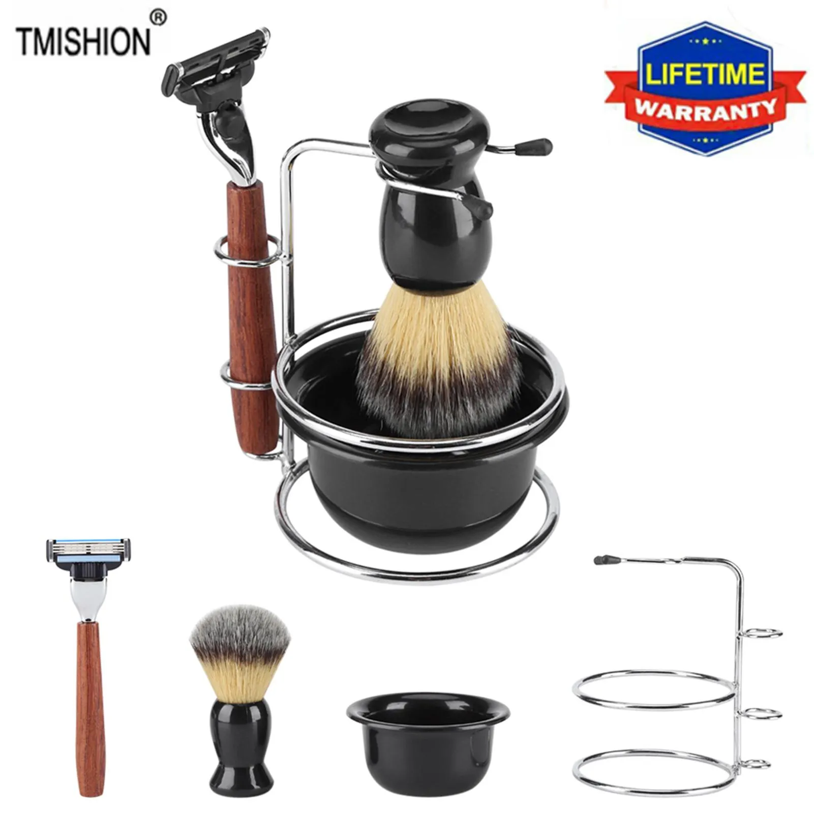 BLADES 4PCS MEN MEN Men de barbe Brosse à barbe manuel Razor + Staintess Steel Standder + Brush Clean + Bowl for Men Raser Kit Facial