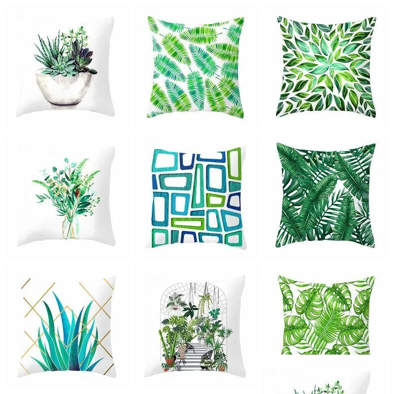 Taie d'oreiller Maison Canapé Coussin Taie D'oreiller 45X45 Cm Feuille Verte Simple Impression Veet Er Salon Lit Décor Plante Tropicale Goutte Deliv Dhyeu