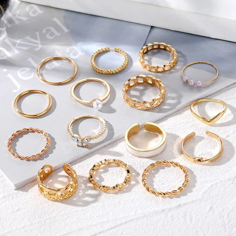 Goldfarbener Metallring für Damen und Herren, Kristall, Schmetterling, Perlenkette, verdreht, Vintage-Fingerring, Modeschmuck, Geschenk