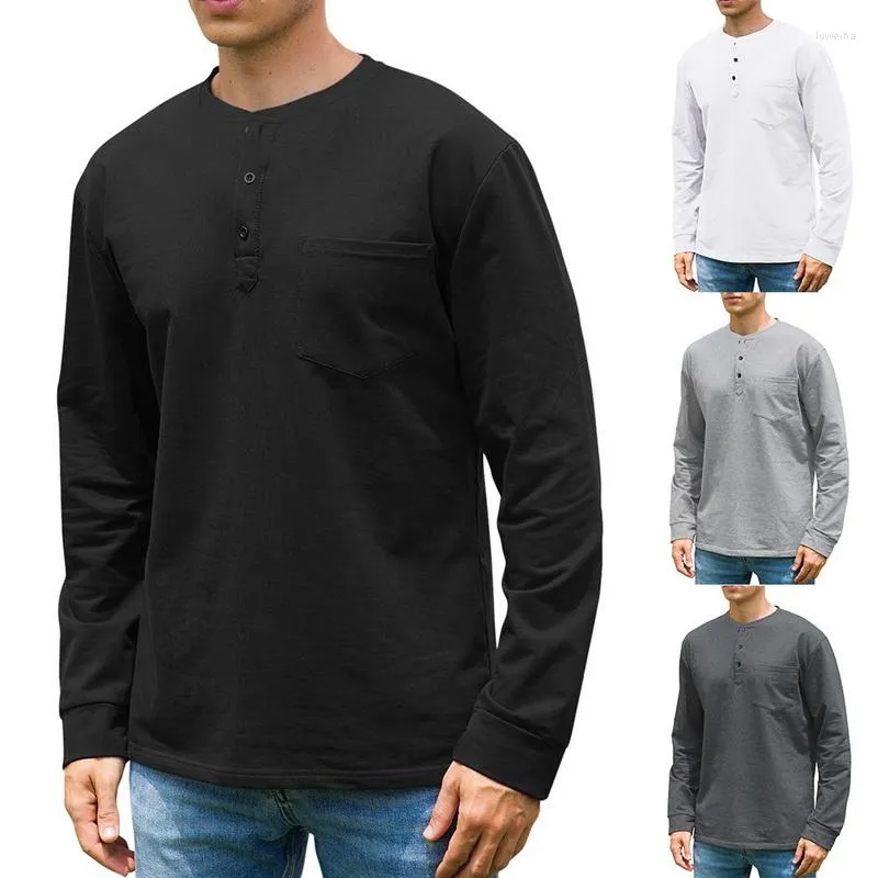 Erkekler Tişörtler Erkekler Sıradan Cep Tişörtleri 2023 Sonbahar Tee Teps Şık İnce Uygun Katı Uzun Kollu Erkek Düğmesi Yukarı O boyun tshirt