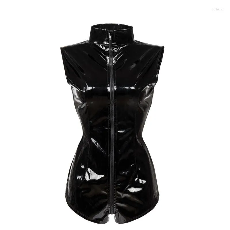 Women's Jumpsuits S-XXXL Sexy Lady Faux Leather Costume PVC Leotard Latex Catsuit Game Clubwear Bodysuit Zipper Open Crotch Jumpsuit