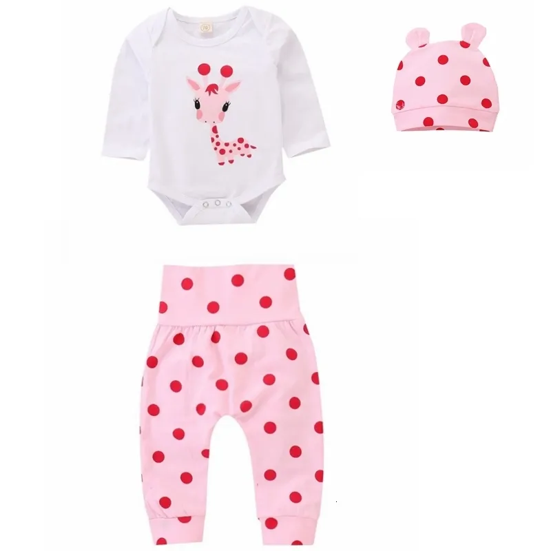 Rompers Spring Fall Cotton Born Baby Girl kläder 0 3 månader Polka Dot unisex Infant Set Boy 3 Piece kläder med hatt 230531