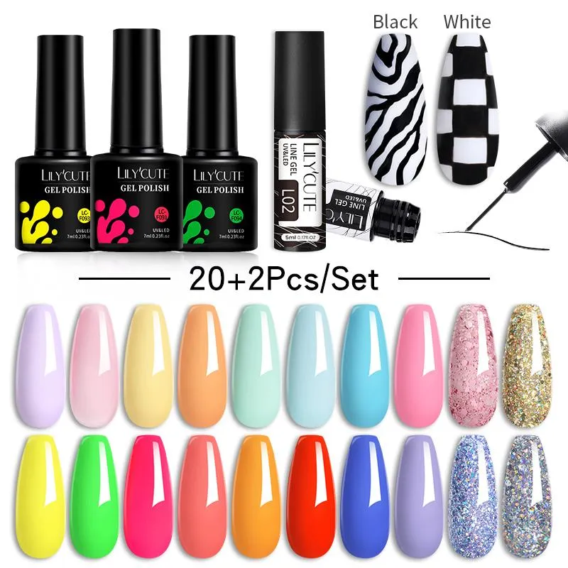 Kits Lilycute 20st Gel Nail Polish Set med Black White Ritning Line Polish Gel Manicure för UV/LED -målning Lack Nail Art Kit