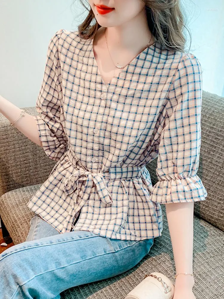 Женские блузки Korejepo Summer Vintage Chefon Chefon Chefer Checker Женщины 2023 Top Tost Prompate Prommity Unteratile Thin Hem Рубашки