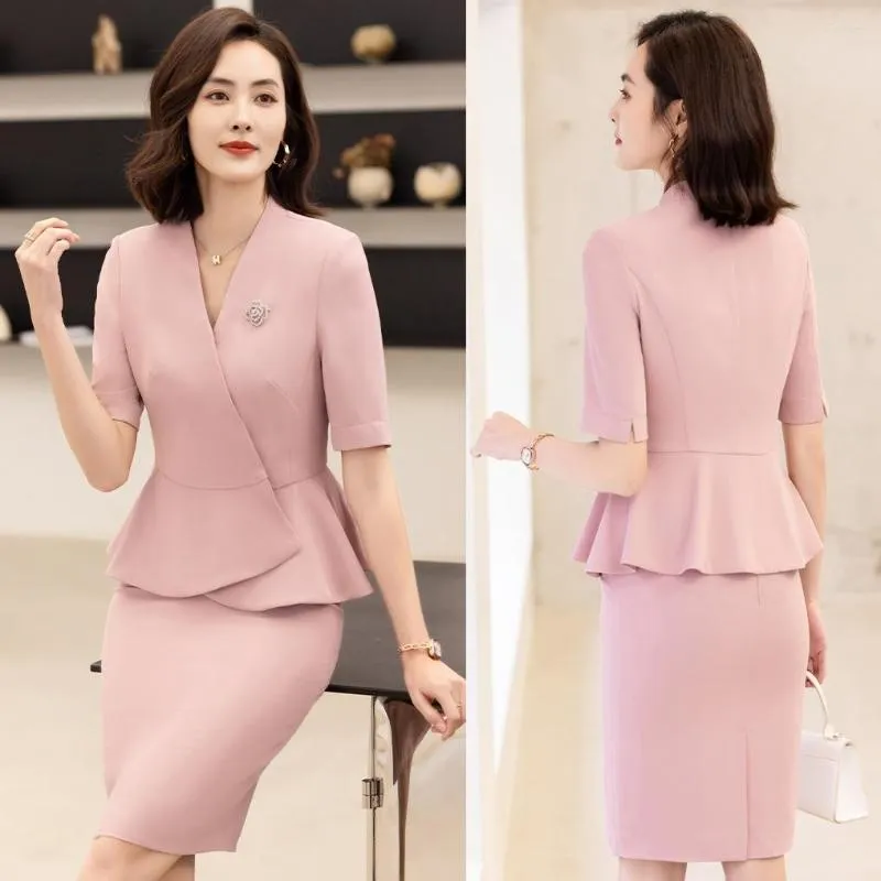 Двух кусочков платье Summer Fashion Pink Blazer Women Business Suits Юбка и верхний набор курток с коротки