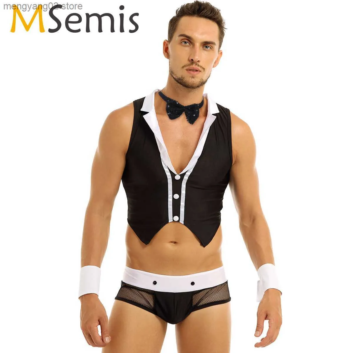 Sexy Set Sexy Maid Men Lingerie Role Play Come Halloween Hot Erotic Men Maid Outfits Tops Underwear with Collar Handcuffs Lingerie Set T230531