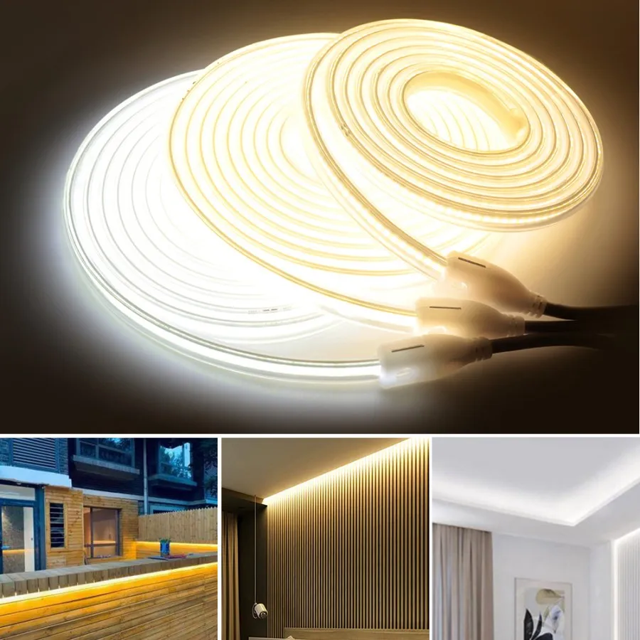 AC 220V COB LED Strip Lights Flexible Outdoor Lamp Waterproof LED Tape EU Plug Kitchen Home Room Decoration