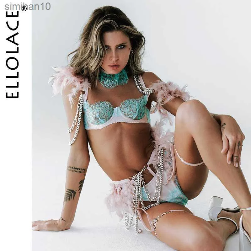 Briefs Panties Ellolace Feather Lingerie For Women Underwear Uncensored 18 Tulle Bra With Chain See Through Erotic Delicate Lace Garter Outfits L230518