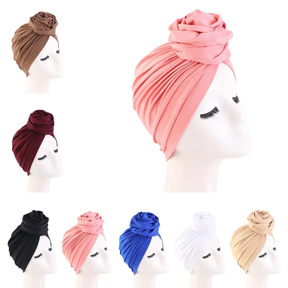 Solid Big Flower Headscarf Bonnet Women Muslim Turban Hat Turbante Femme Musulman India Hat Islamic Head Wrap Hair Accesories