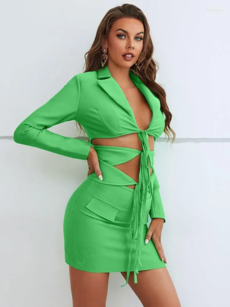 Green Lace Up Hollow Out V Neck Bandage 2 Piece Dress