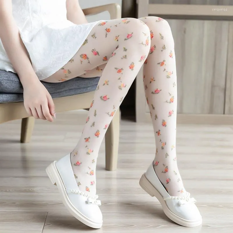 Femmes chaussettes minces soyeux collants Style français Vintage doux coloré imprimé fleuri collants bas Cosplay Semi transparent genou