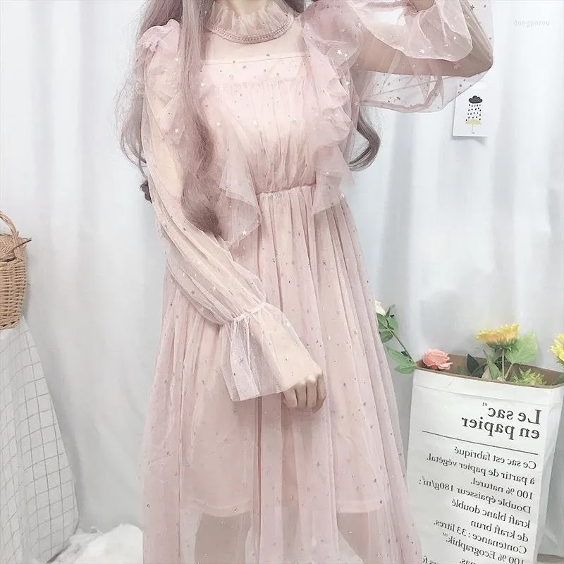 Casual Dresses Korean Elegant Party Tulle Dress Women Japanese Lolita Ruffle Mesh långärmad rosa tjej prinsessa midi galax tutu set