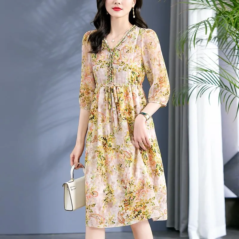 Vestidos casuais Vintage para mulheres Primavera Summer Summer Diamantes elegantes Vestido A Alta Cintura de Silk Real Silk Feminino Midi Dress A-line