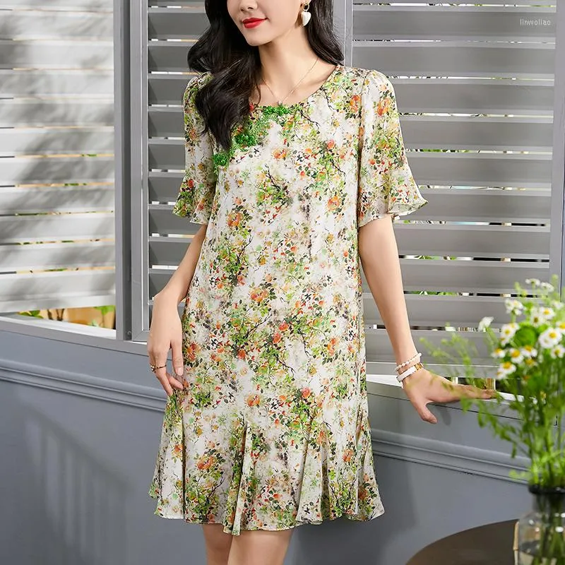 Casual Kleider Chinesischen Stil Frauen Sommer Elegante Oansatz Kurze Flare Hülse Frau Blumen Kleid Echte Seide Weibliche Vintage