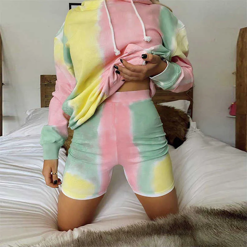 Tracksuits Tie Dye Printing Fashion Sports Two Piece Hoodie Sweater Shorts Jogging Athletic 2021 Autumn Women's Wear P230531