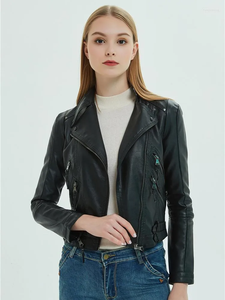 Kvinnorjackor HWL Streetwear Löst svart mjuk pu läderjacka plus storlek 3xl vintage lapel blixtlås motorcykel cyklist med bälte rockutkläder