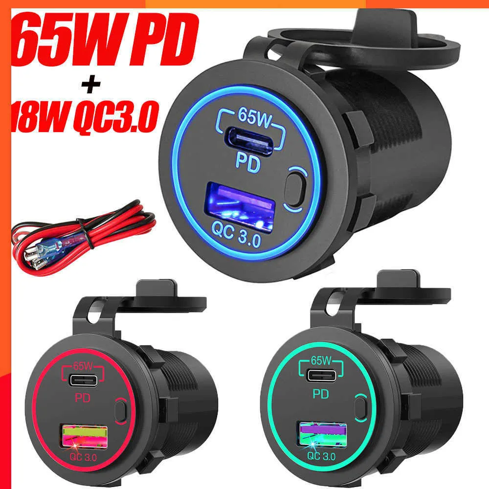 12-24V USBアウトレットラップトップ充電器65W USB-C PD3.0 18W QC3.0マルチカーUSBポートソケット防水RV CARの電源スイッチ