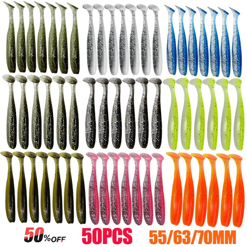 Yemler 50pcs cazibesi 70mm yumuşak balıkçılık cazibesi yapay silikon alabalık sazan sazan solucan batma t kuyruk jigging salonları mücadele 230530