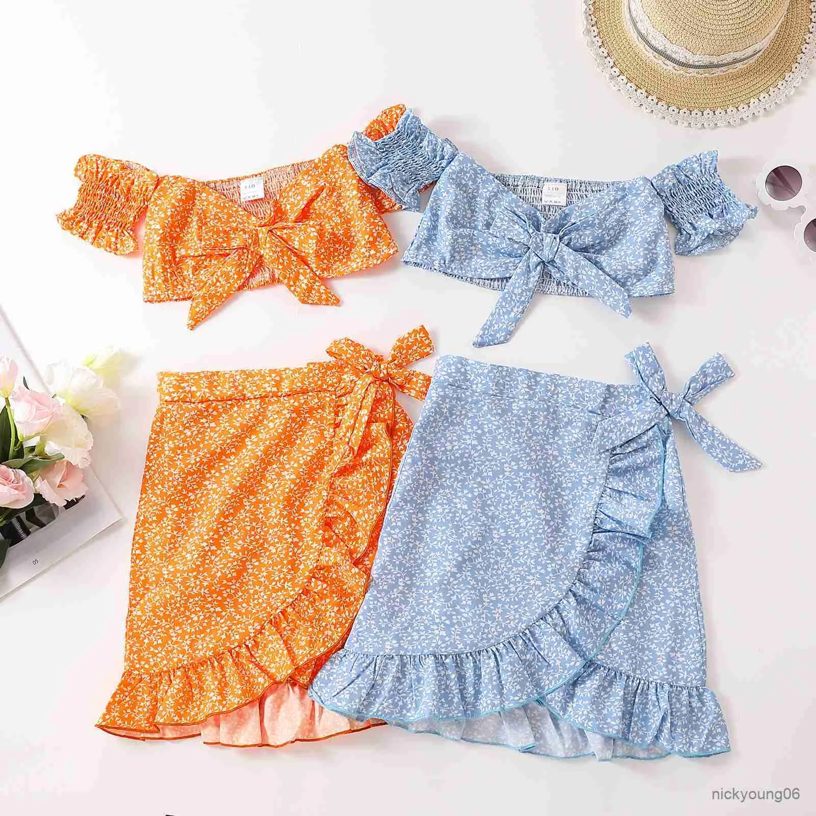 Kleidung Sets 4-9Y Sommer Nette Kinder Mädchen Kleidung Floral Schulter Top Rüschen Röcke Boutique Kinder Mode 2 stücke