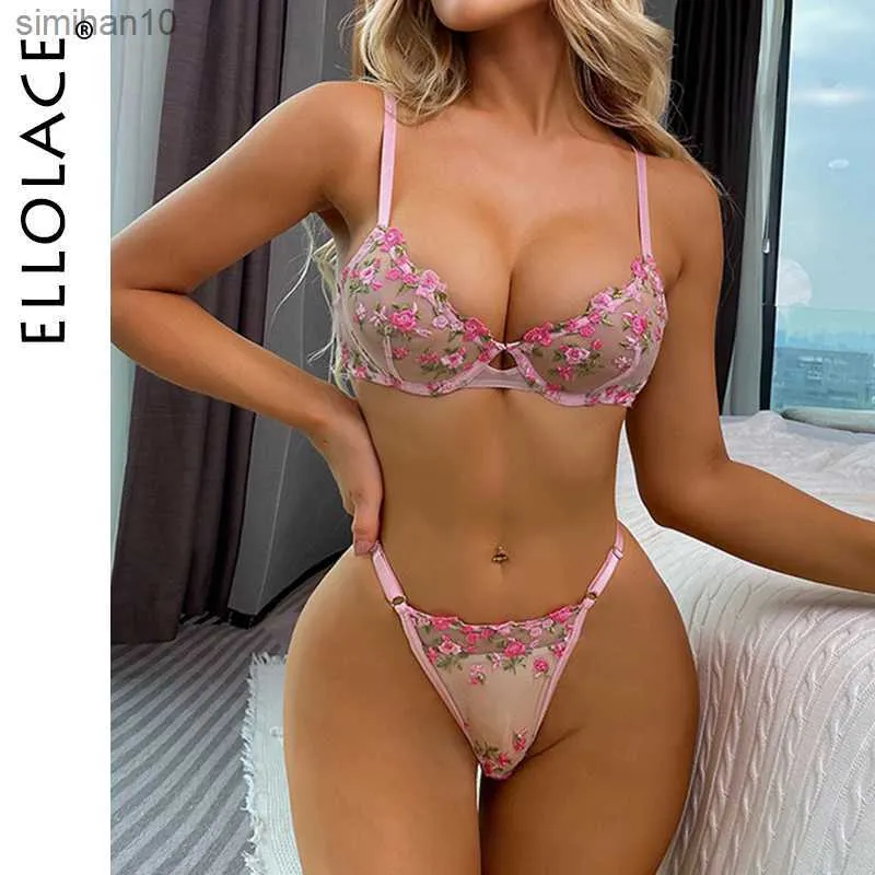 Briefs Panties Ellolace Sensual Lingerie Woman Lace Transparent Underwear Fairy Embroidery Brief Sets Delicate Bra Kit Push Up Breves Sets L230518