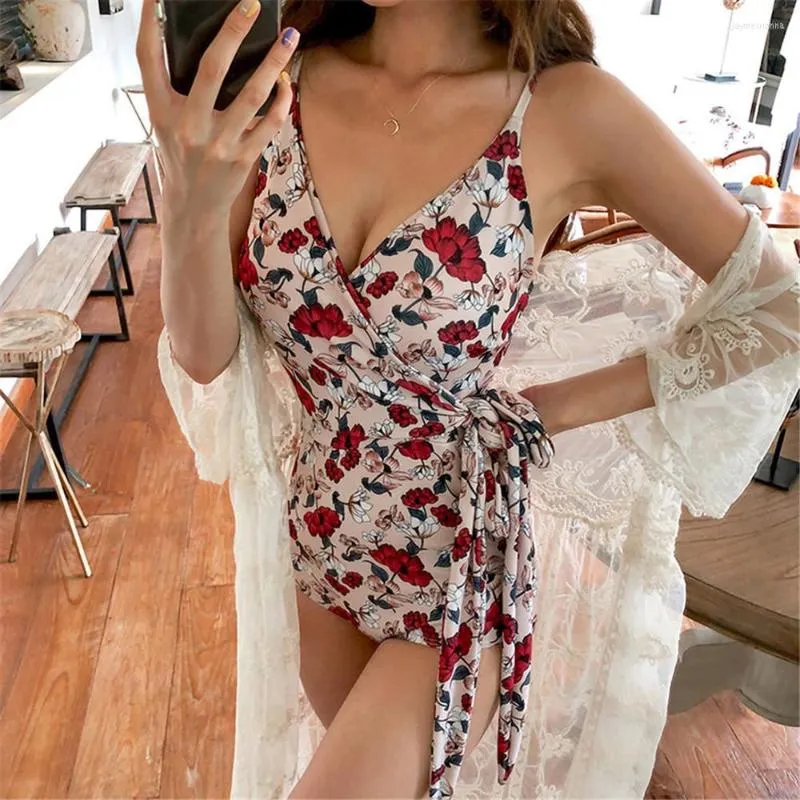 Women's Swimwear Korean One Piece Swimsuit Floral Print Women High Cut Monokini Red Swim Suit Push Up Bathing Belt Maillot De Bain