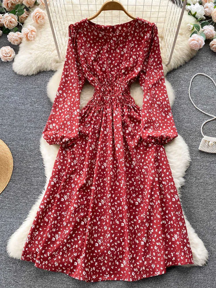 Vestidos casuais grandes vendas 2022 Autumn Fashion Fashion Flor Print Elastic Corset Dress Long Party Elegant Coréia do Sul Westidos P230530