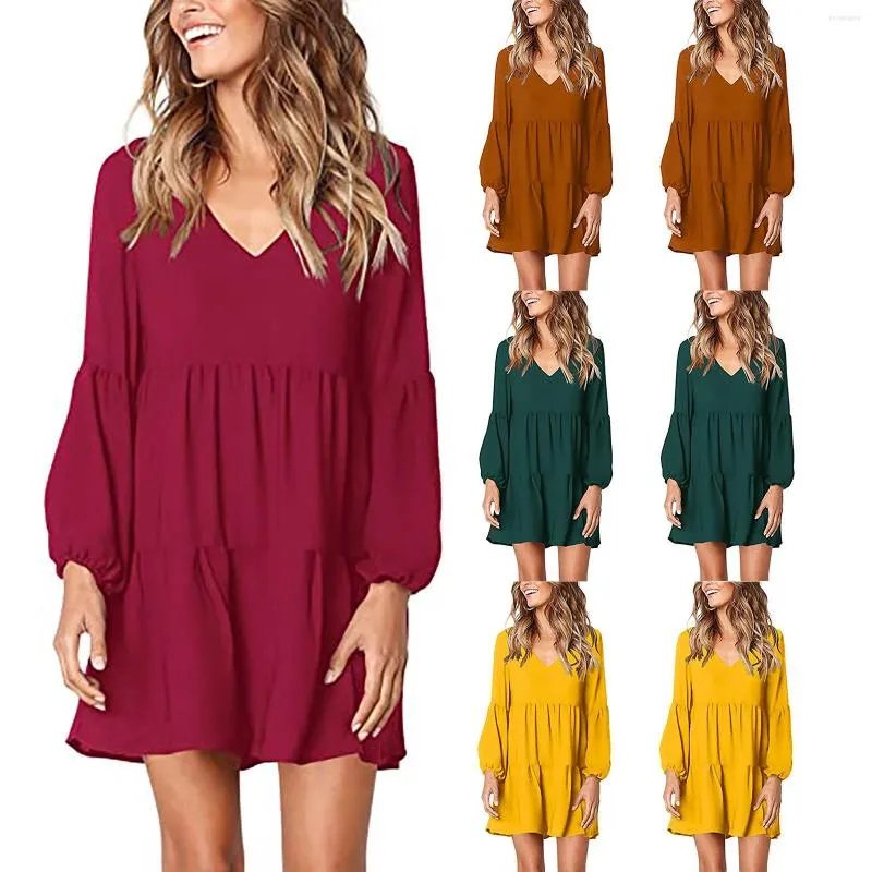 Casual Dresses Fashion Solid Long Sleeve Ruffles Dress Large Sexy Summer Boho Party A Line Yellow Elegant Lady Sundress