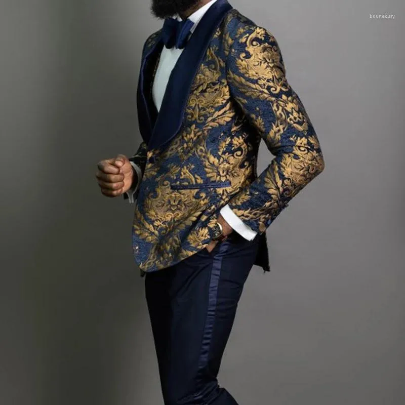 Herenpakken Kostuum Marineblauw Bloemen Jacquard Prom Mannen Voor Bruiloft Slim Fit Bruidegom Tuxedo Afrikaanse Mannelijke Blazer 3 Stuks Jas Broek Vest