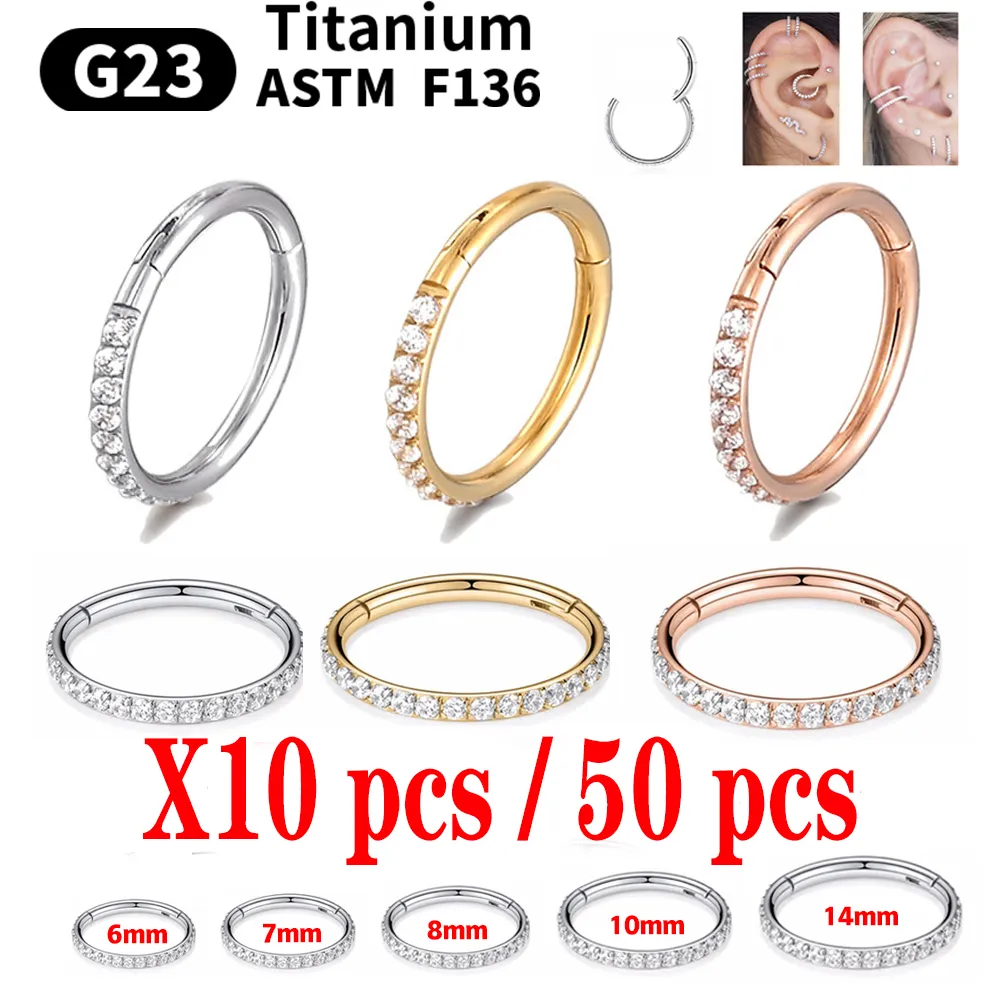 10/50 PCS Toptan G23 F136 Titanyum Hoop Küpe Kadınlar için CZ Piercing Mücevher Hediye Burun Yüzüğü Menteşe Tıkırma Açık Diyafram