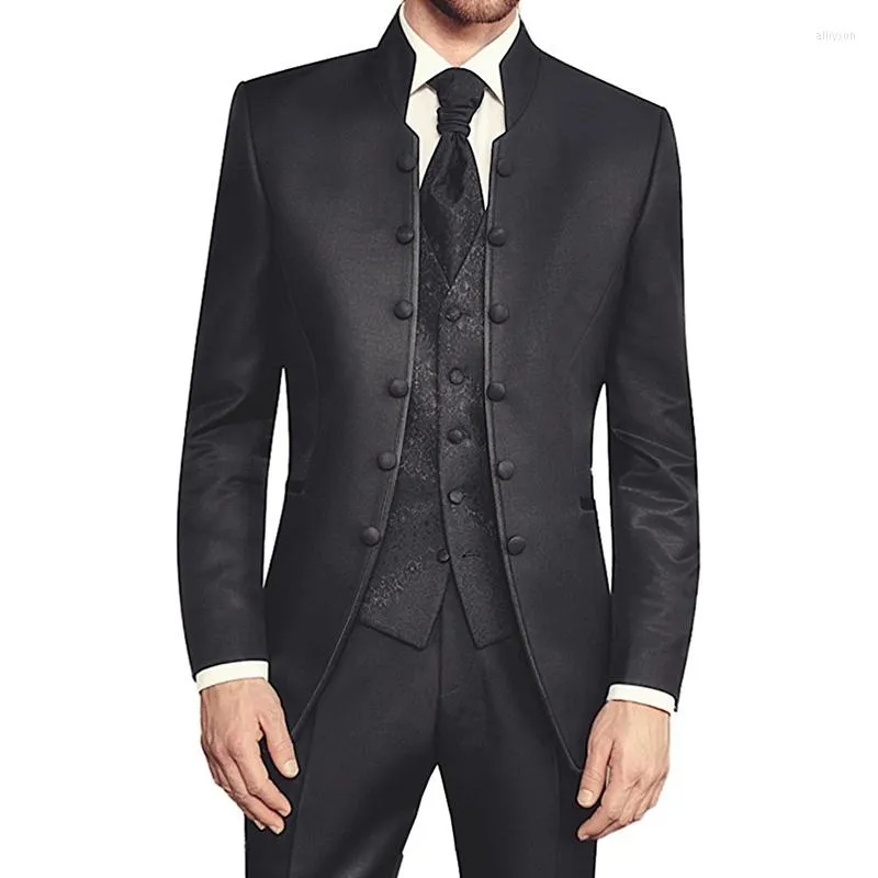 Men's Suits Black Wedding Groomsmen Tuxedo Stand-up Collar Men 3Pcs Custom Made Party Wear Blazer Trousers Jacket Pants Patterned Vest