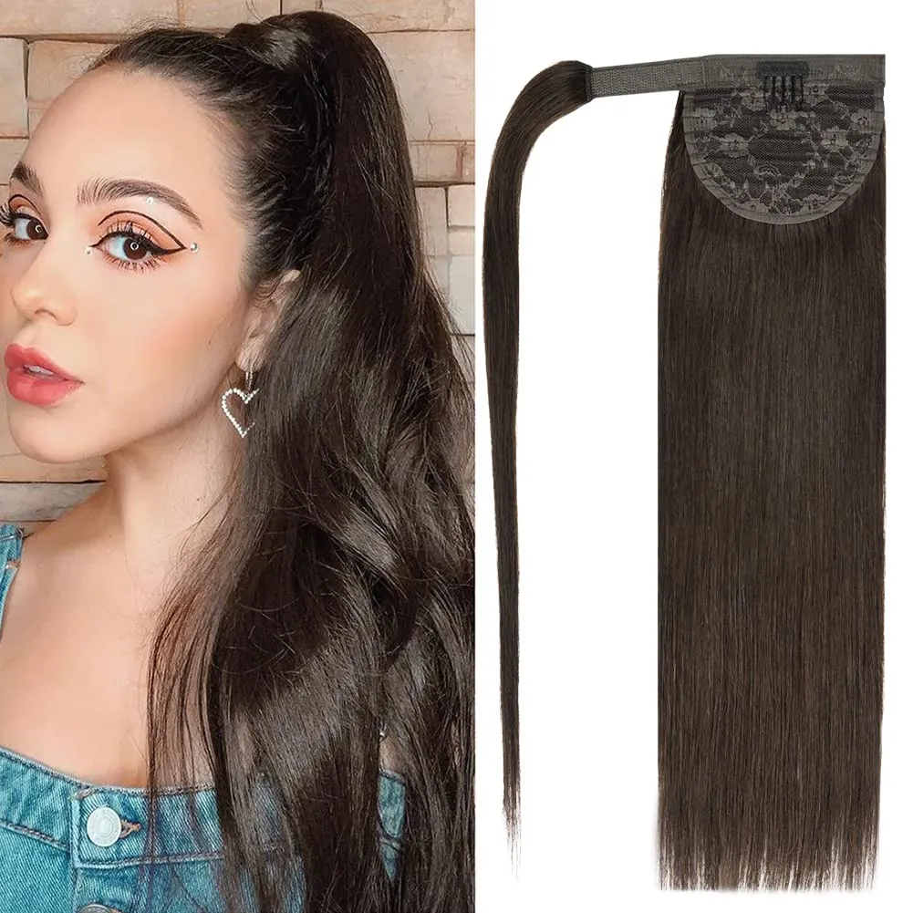 14in Paardenstaart Extensions #2 100% Remy human hair Wikkel Rond Lange Paardenstaart Clip in Hair Extensions Recht Haarstukje uit één stuk (14in, donkerbruin) 100g