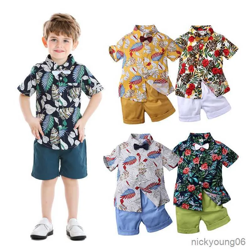 Kläderuppsättningar 1-7 år pojkar sommar baby kläder passar gentleman bröllop skjorta och skötsel 2st för strand banan bladtryck set