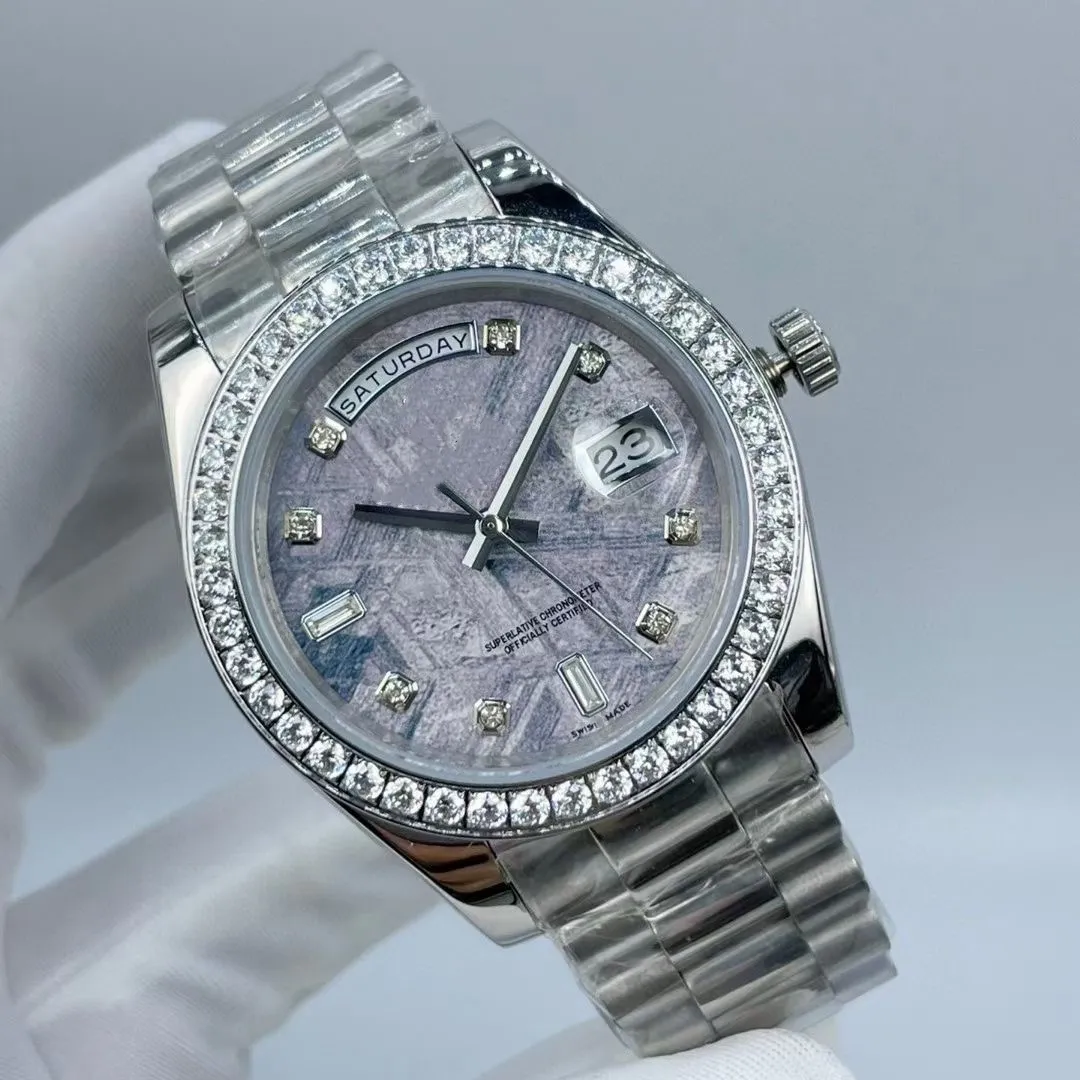 automatisch mechanisch herenhorloge waterdicht meteorietoppervlak 41 mm diamanten ring roestvrijstalen herenhorloge met vouwsluiting