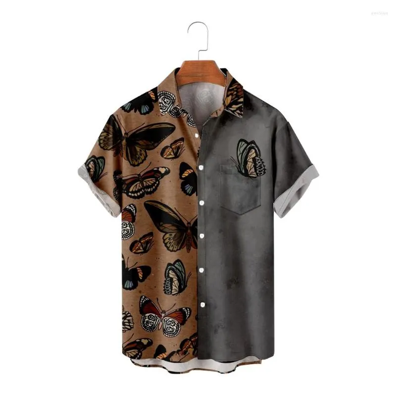 Chemises décontractées pour hommes hawaïennes pour hommes papillon imprimé Patchwork manches courtes gris Cool été hauts Vintage respirant